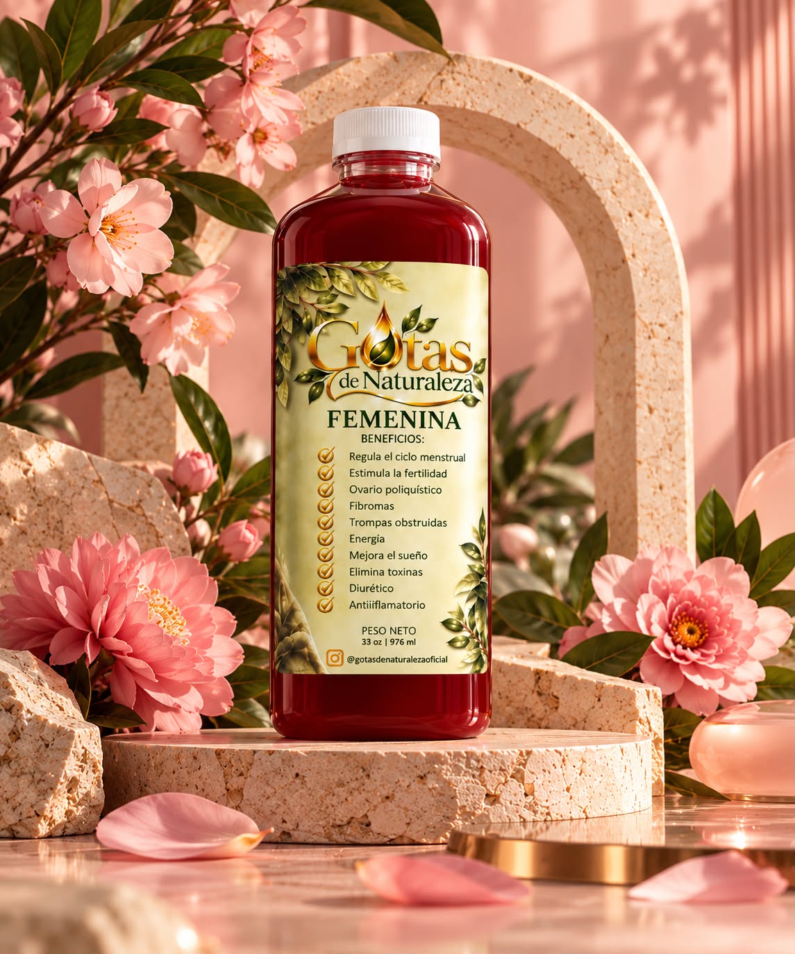 Botella FEMENINA de Gotas de Naturaleza sobre piedra travertino, con flores y fondo rosa