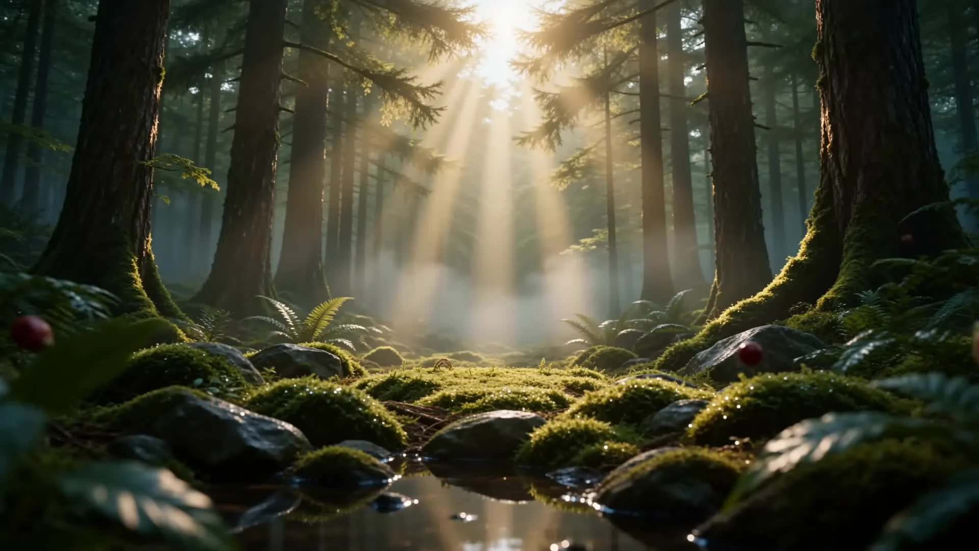 Luz cálida entre árboles y vegetación, fotograma del video de Gotas de Naturaleza